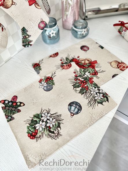 Новорічна серветка-підкладка «Різдвяні прикраси» (Срібний люрекс), 34x44, Прямокутна
