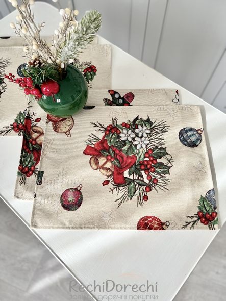 Новогодняя салфетка-подкладка «Рождественские украшения» (Серебряный люрекс), 34x44, Прямоугольная