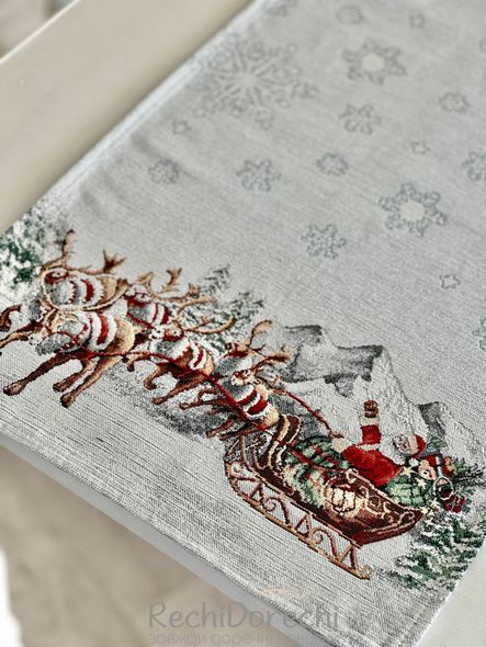 Ранер (доріжка) гобеленовий новорічний "Олені Санти" (срібний люрекс), 37x100, Прямокутна