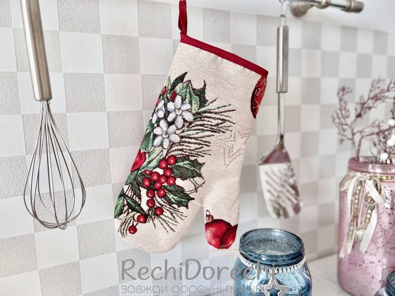 Новорічна рукавичка-прихватка «Різдвяні прикраси» (Срібний люрекс), 17x30
