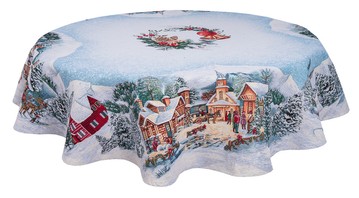 Новогодняя круглая скатерть гобеленовая «Снежный уют» (Серебряный люрекс), Ø140, Круглая