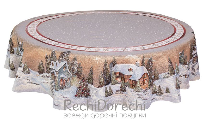 Скатертина новорічна гобеленова кругла "Карпатська ніч" (золотий люрекс), Ø140, Кругла