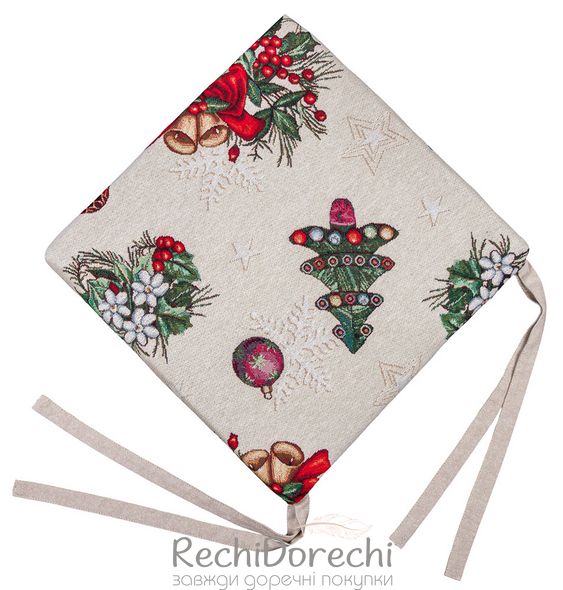 Новогодняя подушка на стул гобеленовая «Рождественские украшения» (Серебряный люрекс), 40x40