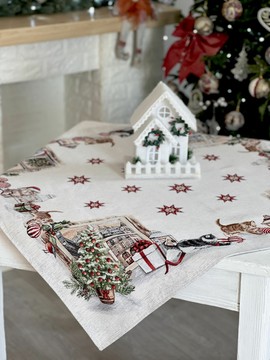 Скатертина гобеленова новорічна "Holiday kittens" (срібний люрекс), 97x100, Кругла