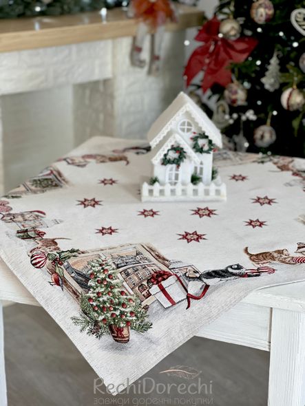 Скатертина гобеленова новорічна "Holiday kittens" (срібний люрекс), 97x100, Кругла