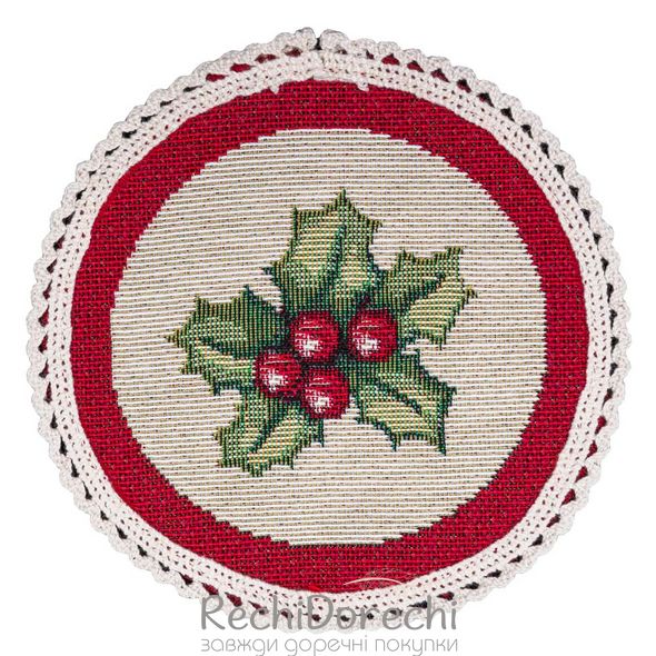 Серветка-підкладка кругла новорічна гобеленова "Дзвоники і віночок" (без люрекса), Ø10, Кругла