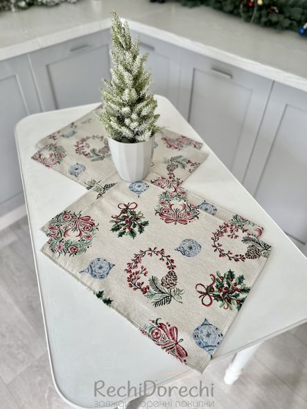 Новорічна серветка-підкладка «Різдвяні віночки» (срібний люрекс), 34x44, Прямокутна