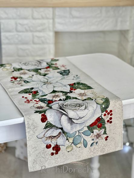 Ранер (доріжка) гобеленовий новорічний "Зимові квіти" (срібний люрекс), 37x100, Прямокутна