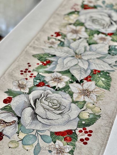 Ранер (доріжка) гобеленовий новорічний "Зимові квіти" (срібний люрекс), 37x100, Прямокутна