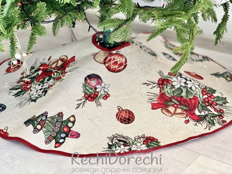 Новорічна спідничка під ялинку «Різдвяні прикраси» (Срібний люрекс), Ø90, Кругла