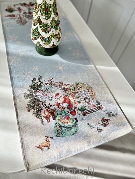 Новогодняя гобеленовая дорожка на стол «Рождественские каникулы» (Серебряный люрекс), 45x140, Прямоугольная