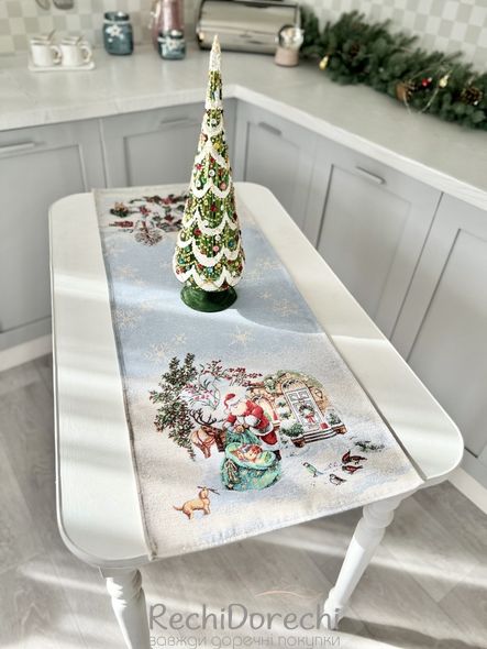 Новогодняя гобеленовая дорожка на стол «Рождественские каникулы» (Серебряный люрекс), 45x140, Прямоугольная
