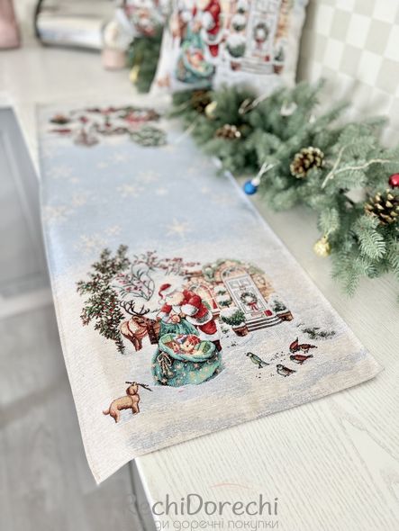 Новорічна гобеленова доріжка на стіл «Різдвяні канікули» (Срібний люрекс), 45x140, Прямокутна