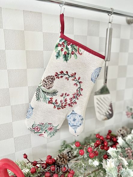Новогодняя рукавичка-прихватка «Рождественские веночки» (серебряный люрекс), 17x30