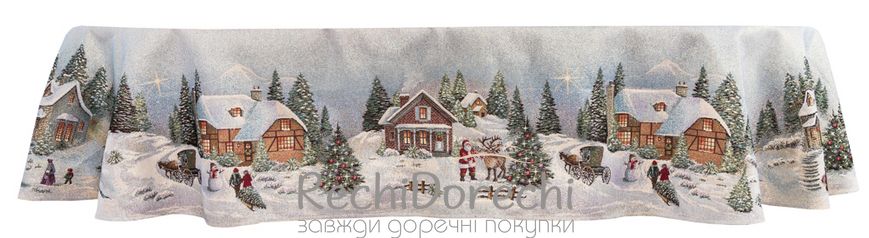 Скатертина новорічна гобеленова овальна "Різдво в Карпатах" (золотий люрекс), 160x220, Овальна