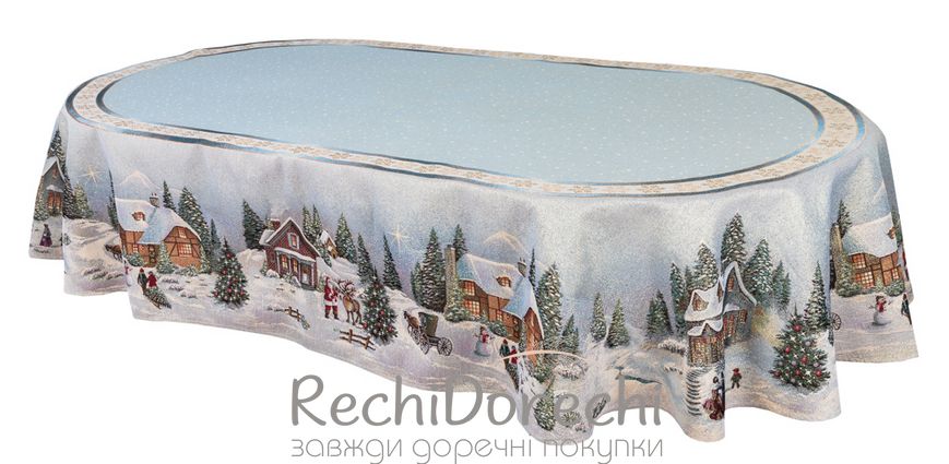 Скатерть новогодняя гобеленовая овальна "Рождество в Карпатах" (золотой люрекс), 160x220, Овальная