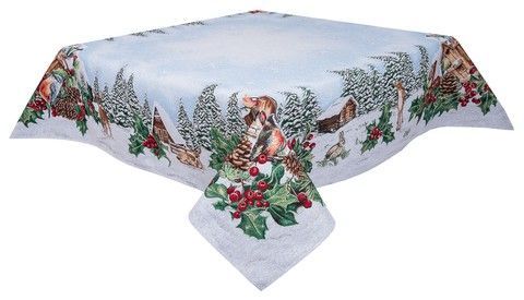 Новогодняя скатерть гобеленовая &laquo;Красная калина&raquo; (Серебряный люрекс) RechiDoRechi SQUIRREL-137 фото