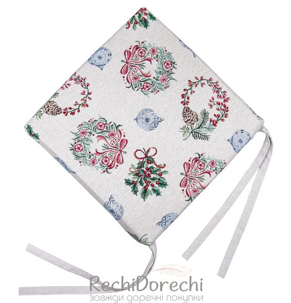 Новогодняя подушка на стул гобеленовая «Рождественские веночки» (серебряный люрекс), 40x40