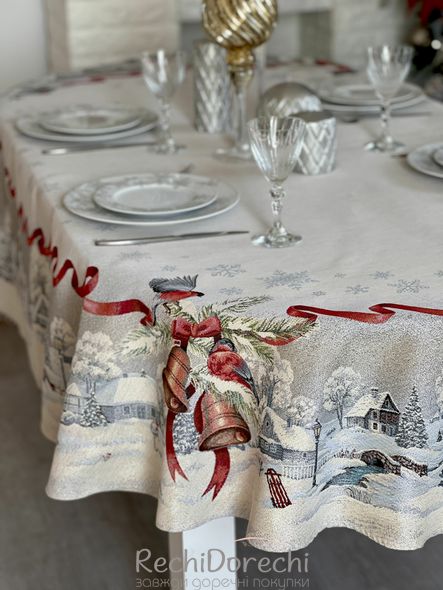 Скатертина гобеленова новорічна "Різдвяна звістка" (срібний люрекс), 160x220, Овальна