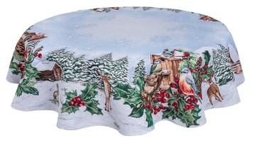 Новогодняя круглая скатерть гобеленовая «Красная калина» (Серебряный люрекс), Ø140, Круглая