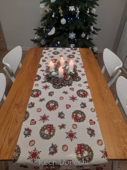 Доріжка на стіл новорічна гобеленова "Іграшковий зорепад" (без люрекса), 45x180