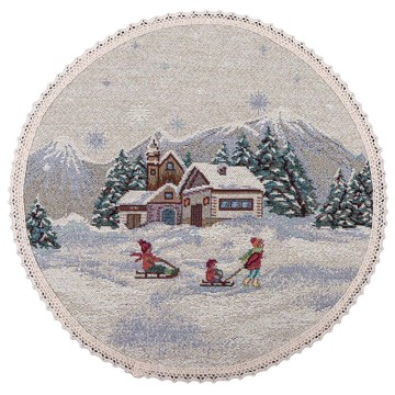 Салфетка-подкладка круглая новогодняя гобеленовая "Зимнее приключение" (серебряный люрекс), Ø25, Круглая