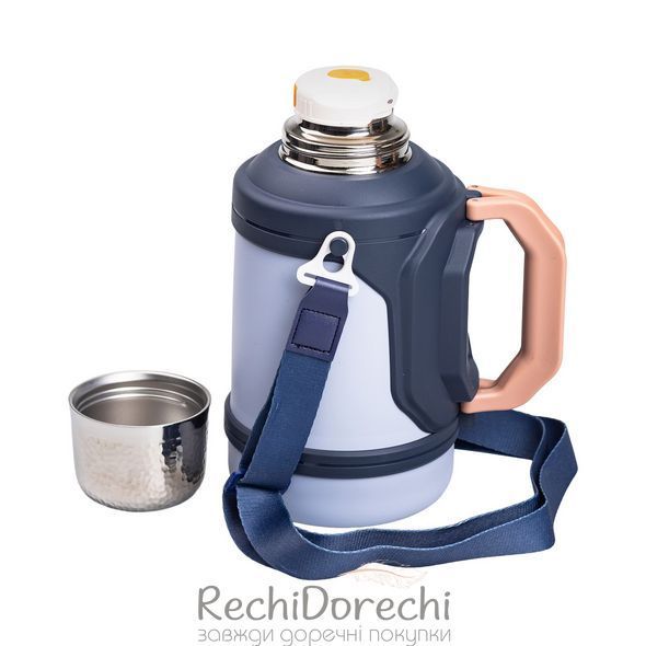 Термос Vacuum Cup 1.5 литра с ремешком и складной ручкой теино-синий RechiDoRechi HP-14-21BL фото