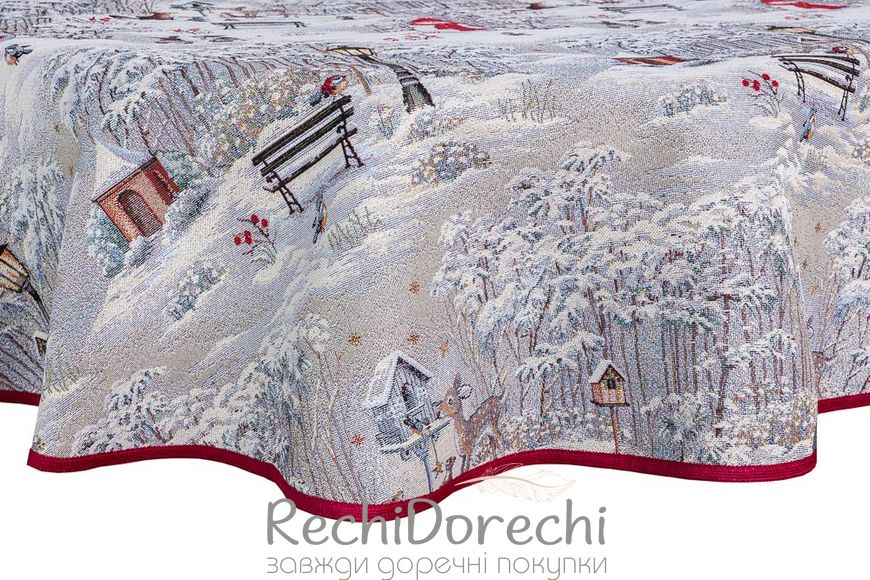 Скатертина новорічна гобеленова кругла "Зимова прогулянка" (срібний люрекс), Ø140, Кругла