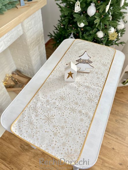 Доріжка на стіл новорічна жакардова двостороння водовідштовхуюча "Золоте сяйво" (з золотою тасьмою по краю), 40x100, Прямокутна