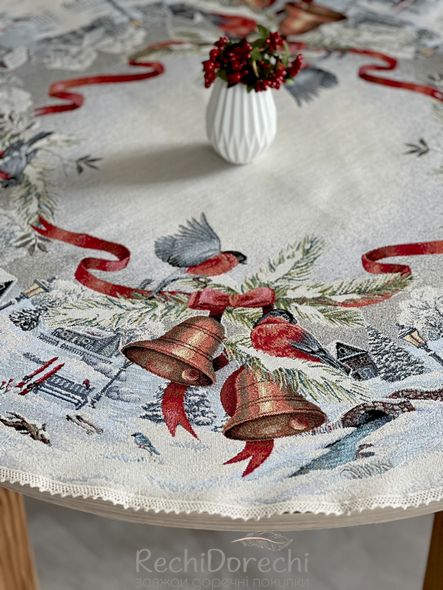 Скатертина кругла гобеленова новорічна "Різдвяна звістка" (срібний люрекс), Ø90, Кругла
