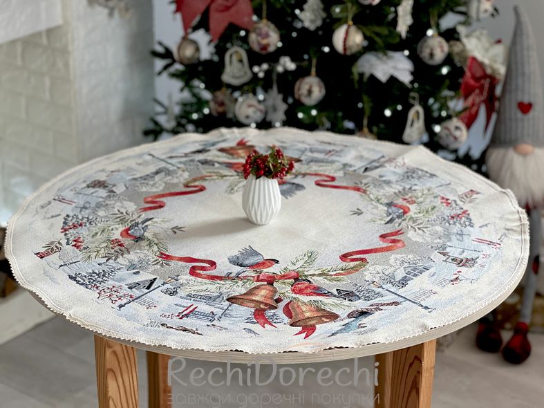 Скатертина кругла гобеленова новорічна "Різдвяна звістка" (срібний люрекс), Ø90, Кругла