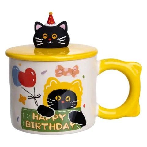 Чашка фарфоровая с крышкой Kitten's Birthday 400 (мл) подарочная кружка прикольная чашка для детей на подарок Желтый FM-24B RechiDoRechi FM-24B фото