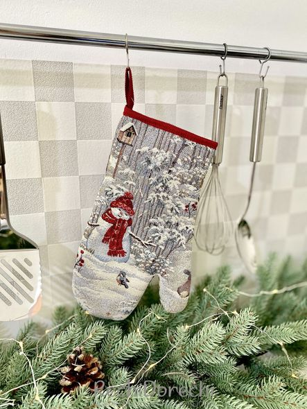 Рукавичка-прихватка новорічна гобеленова "Зимова прогулянка" (срібний люрекс), 17x30