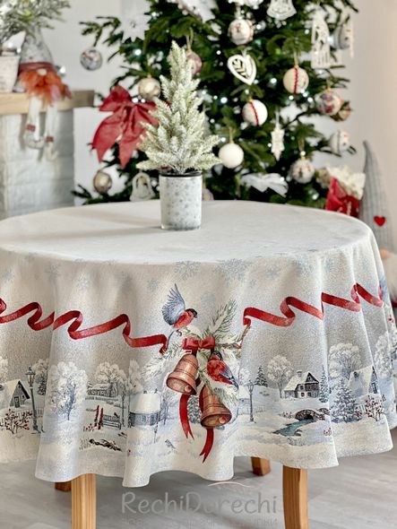 Скатертина кругла гобеленова новорічна "Різдвяна звістка" (срібний люрекс), Ø160, Кругла