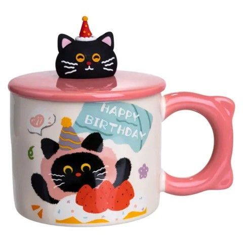 Чашка фарфоровая с крышкой Kitten's Birthday 400 (мл) подарочная кружка прикольная чашка для детей на подарок Розовый FM-24C RechiDoRechi FM-24C фото
