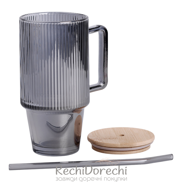 Кружка скляна з кришкою та трубочкою 750 (мл) Сірий HP-19-50