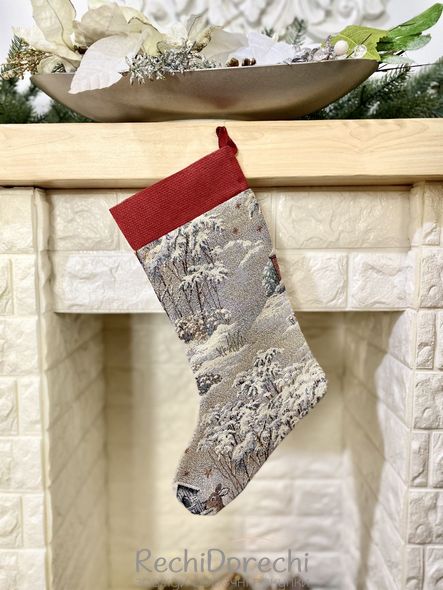 Чобіток для подарунків новорічний гобеленовий "Зимова прогулянка" (срібний люрекс), 25x37