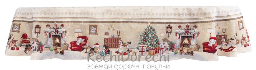 Скатерть новогодняя гобеленовая овальна "В ожидании чуда" (золотой люрекс), 160x250, Овальная