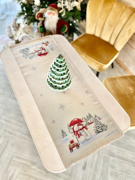 Доріжка на стіл новорічна гобеленова "Сніговики-витівники" (срібний люрекс), 45x140, Прямокутна