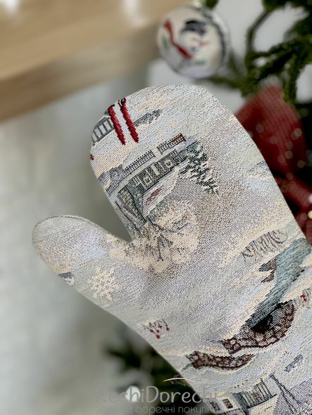 Рукавичка прихватка новорічна гобеленова "Снігова казка" (срібний люрекс), 17x30