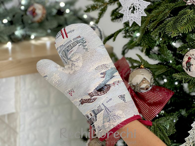 Рукавичка прихватка новорічна гобеленова "Снігова казка" (срібний люрекс), 17x30