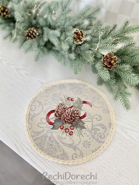 Салфетка круглая новогодняя "Рождественник" (серебряный люрекс), Ø25, Круглая
