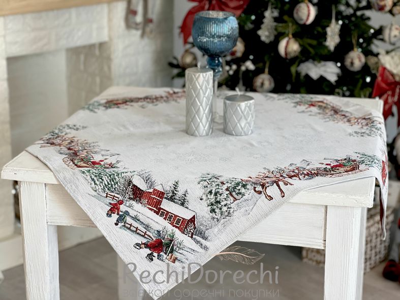 Скатертина гобеленова новорічна "Олені Санти" (срібний люрекс), 97x100