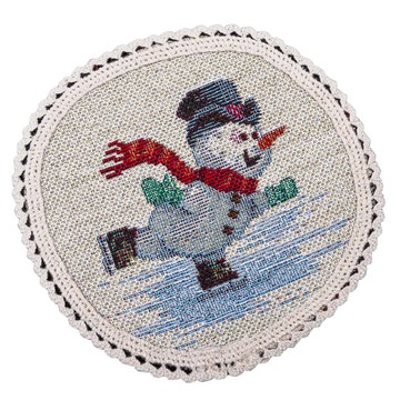 Серветка-підкладка кругла новорічна гобеленова "Сніговики-витівники" (срібний люрекс), Ø10, Кругла