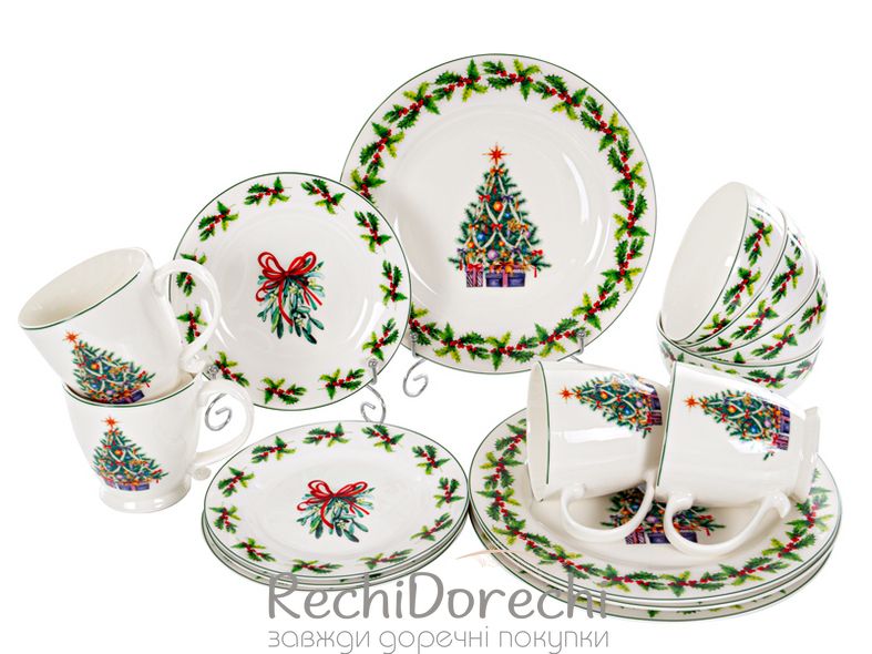 Різдвяний набір посуду 16 пр(4 тарілки 26 см, 4 тарілки 19 см, 4 салатника 13 см, 4 кружки 300 мл)