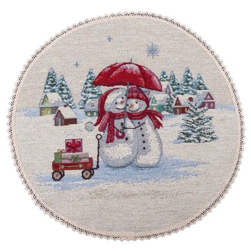 Салфетка-подкладка круглая новогодняя гобеленовая "Снеговики-затейники" (серебряный люрекс), Ø30, Круглая