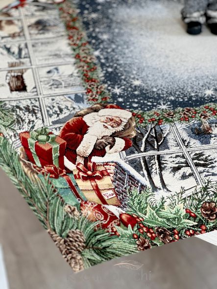 Скатертина гобеленова новорічна "Морозне вікно" (з мікрофіброю), 97x100, Кругла