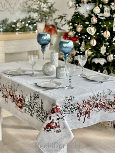 Скатертина гобеленова новорічна "Олені Санти" (срібний люрекс), 137x280, Прямокутна