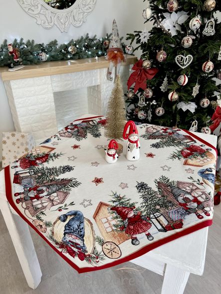 Скатертина гобеленова новорічна "Веселі гноми" (срібний люрекс), 97x100, Кругла