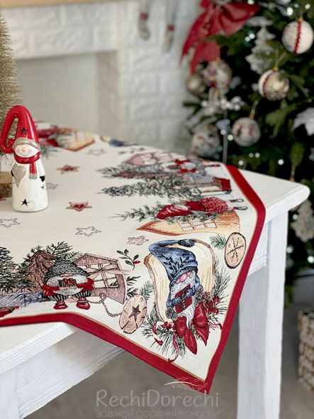 Скатертина гобеленова новорічна "Веселі гноми" (срібний люрекс), 97x100, Кругла